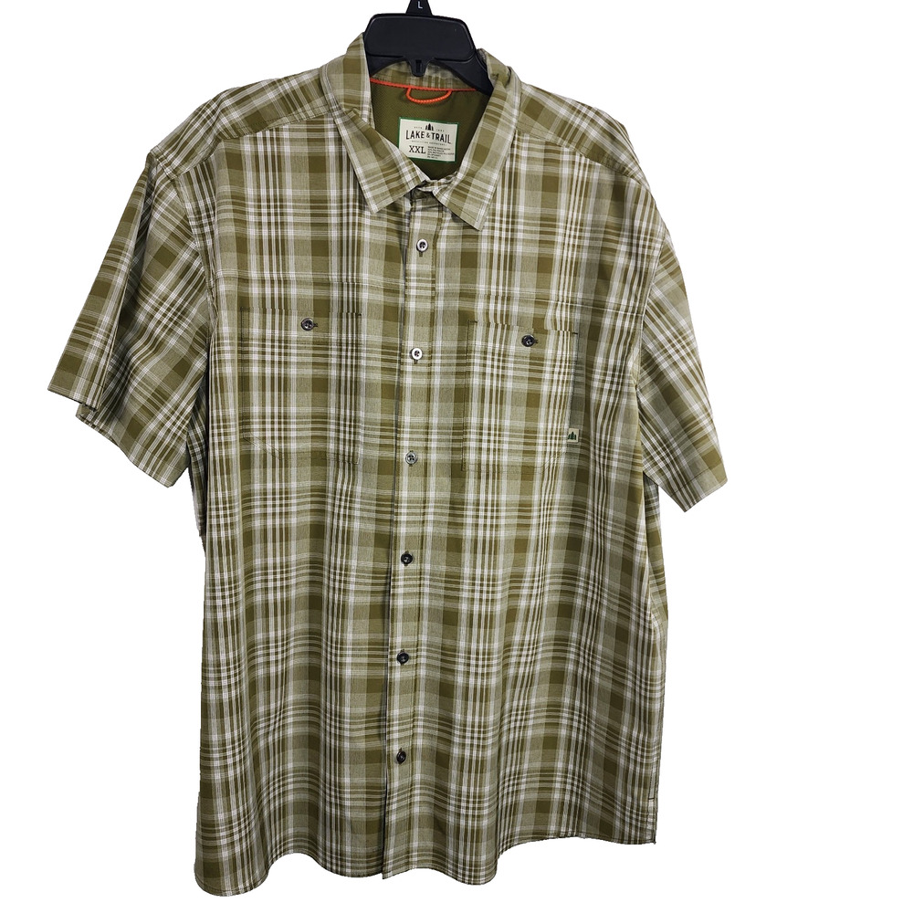 Lake & Trail Mens Button Shirt XXL Fast Dri Outdoor Fishing Hiking Green Plaid